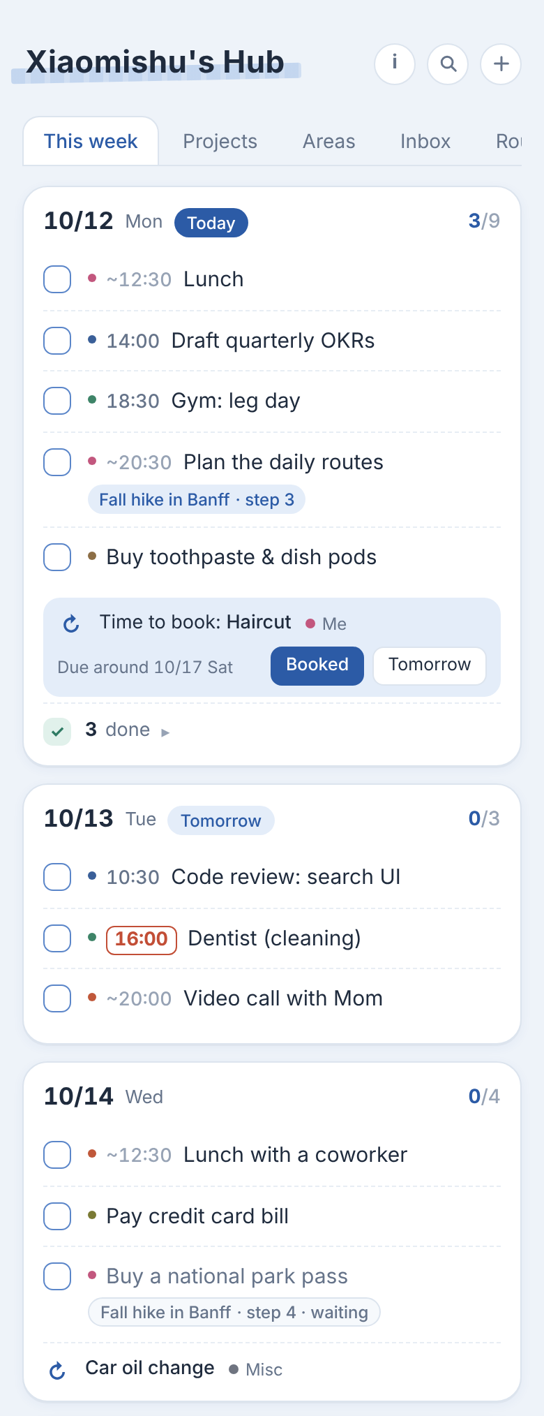 The to-do hub’s “this week” tab, showing a few days with timed items